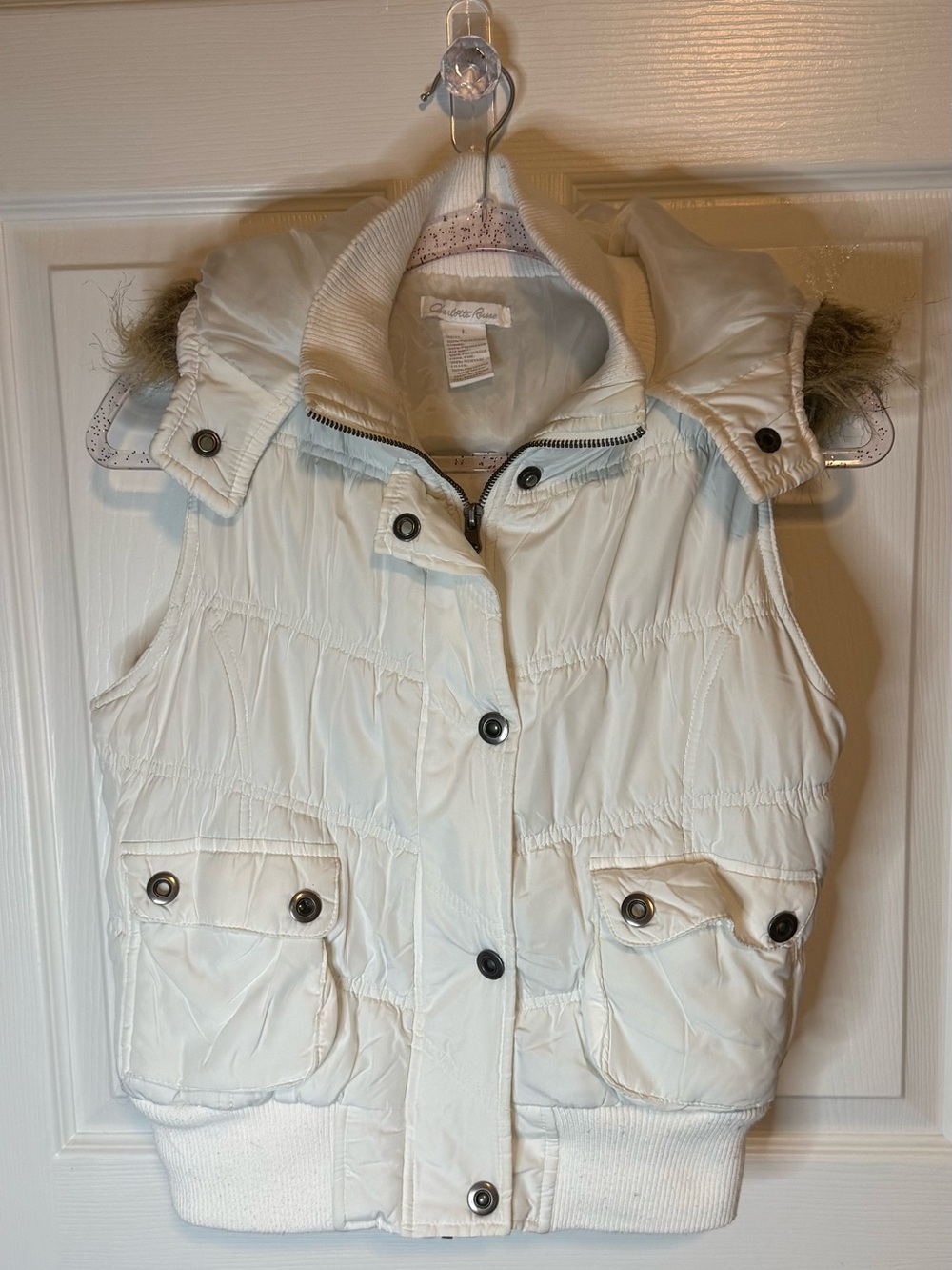 Charlotte Russe White Quilted Puffer Vest with Removable Faux Fur Hood